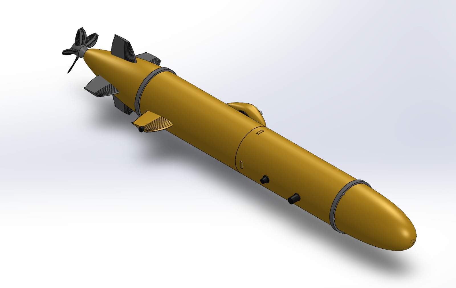 The AUV: a gold, torpedo-shaped hull with a propeller and tail fins at one end.